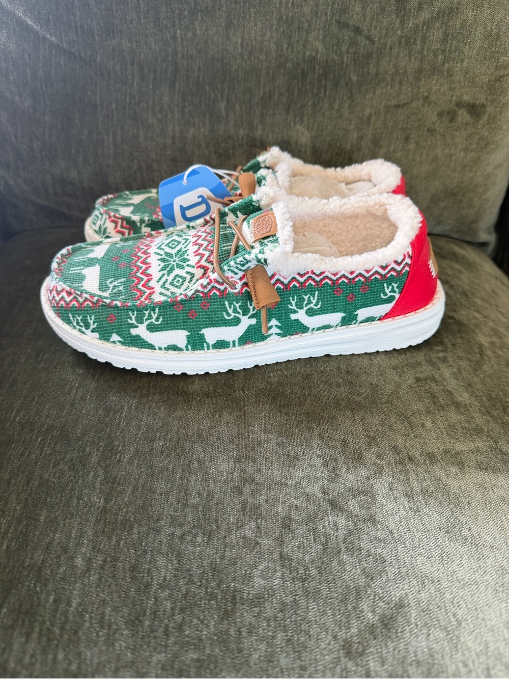 Hey Dude Green Red White Holiday Reindeer Knit Slip-Ons - Picture 5 of 6
